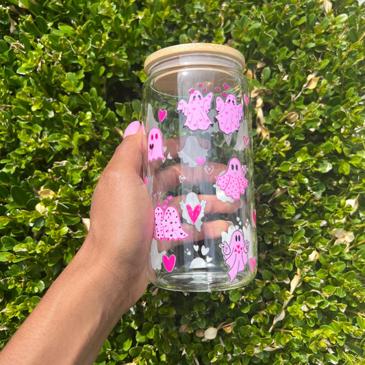 Cute Pink Ghost Glass Can 16 oz 20 oz with Bamboo Lid for Coffee or Beer| Boho Retro y2k inspired libby| Fall Halloween Glass Can| Drink Can