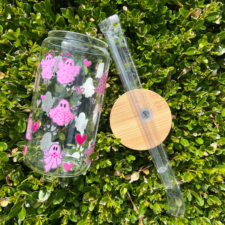 Cute Pink Ghost Glass Can 16 oz 20 oz with Bamboo Lid for Coffee or Beer| Boho Retro y2k inspired libby| Fall Halloween Glass Can| Drink Can