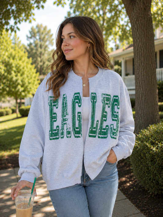 EAGLES Sweatshirt Cardigan: Split Crew, Raw Edge, Sport
