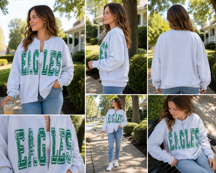 EAGLES Sweatshirt Cardigan: Split Crew, Raw Edge, Sport