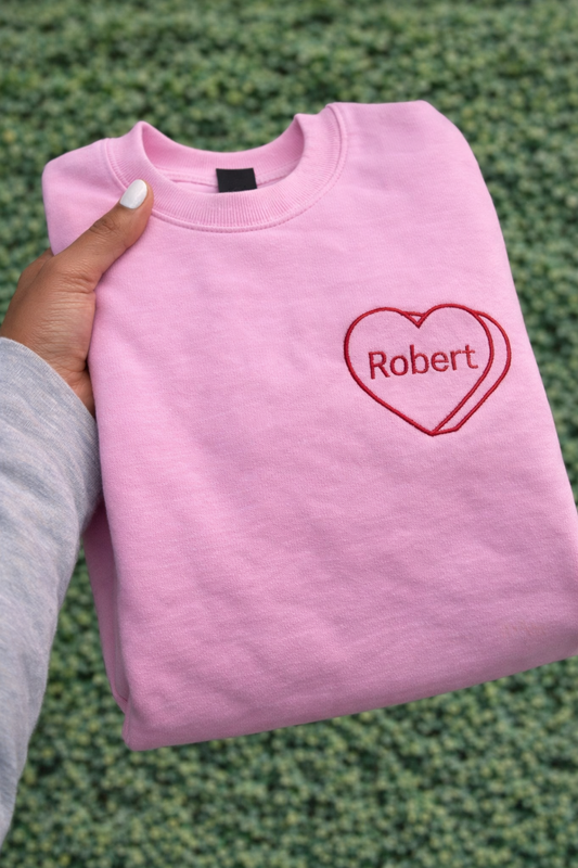Personalized embroidered heart sweatshirt.
