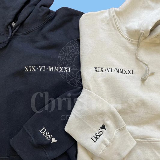 Custom Date Embroidered Hoodie | Roman Numerals Couples Embroidered Sweatshirt